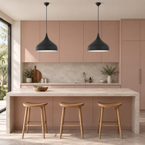 Matt black aluminium pendant in realistic kitchen and dining interior, scene 3