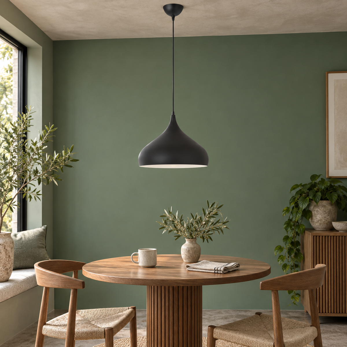 Matt black aluminium pendant in realistic kitchen and dining interior, scene 4
