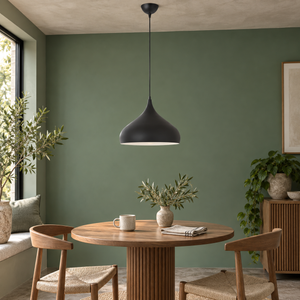 Matt black aluminium pendant in realistic kitchen and dining interior, scene 4