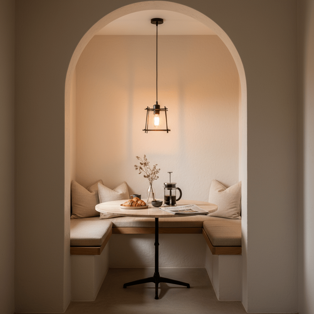 Cozy nook with a black pendant light illuminating a round table set for breakfast, featuring a French press and pastries.