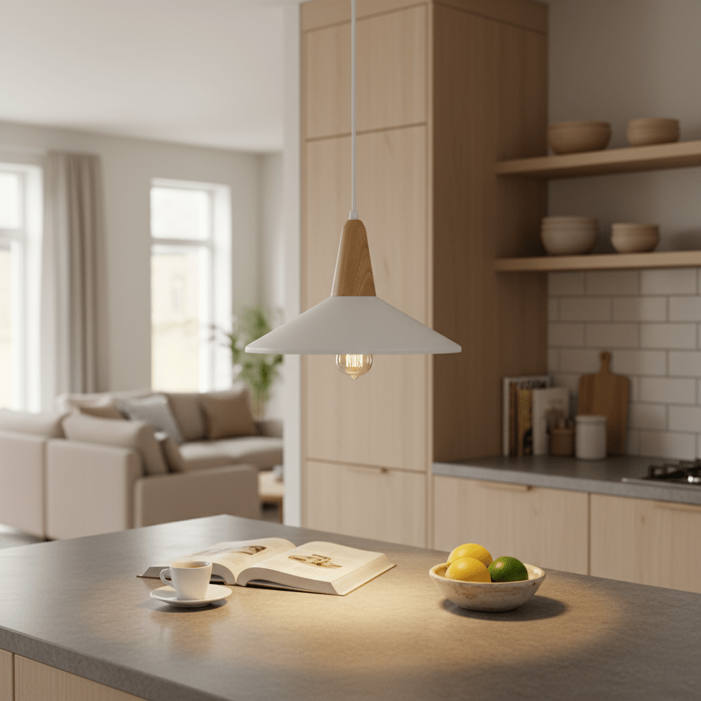 Metal & Wood Pendant with White Shade