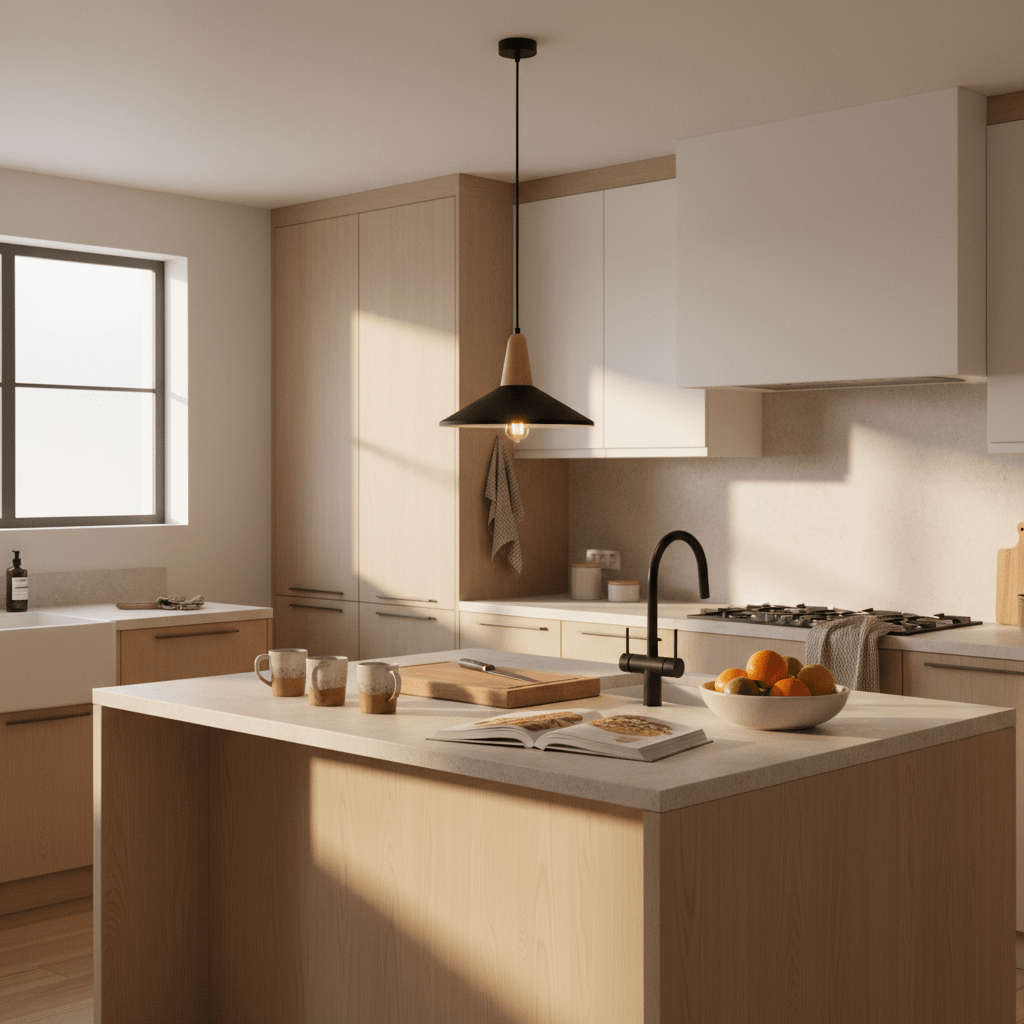 Modern kitchen with a metal and wood pendant light above a central island, featuring a black shade and warm wood accents.