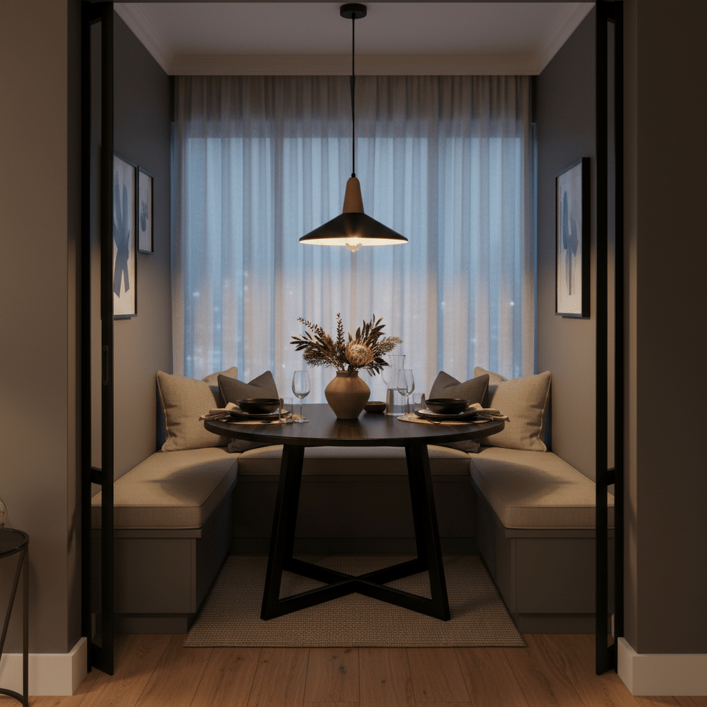 Cozy dining nook with a black metal and wood pendant light illuminating a round table set for dinner, framed by soft