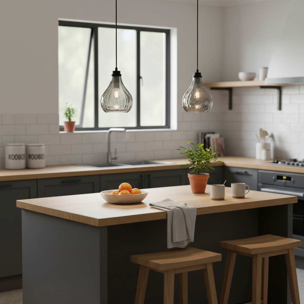 Stylish kitchen scene featuring two glass pendant lights above a wooden island with fruit and mugs.