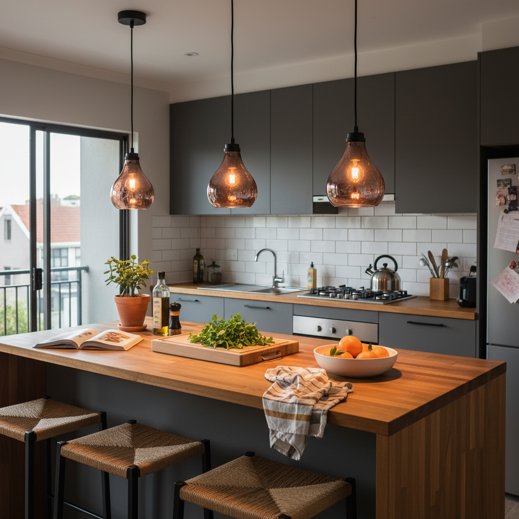Three rose copper glass pendant lights hang above a wooden kitchen island with fresh ingredients.