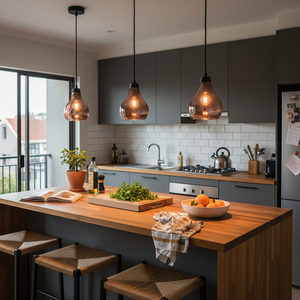 Three rose copper glass pendant lights hang above a wooden kitchen island with fresh ingredients.