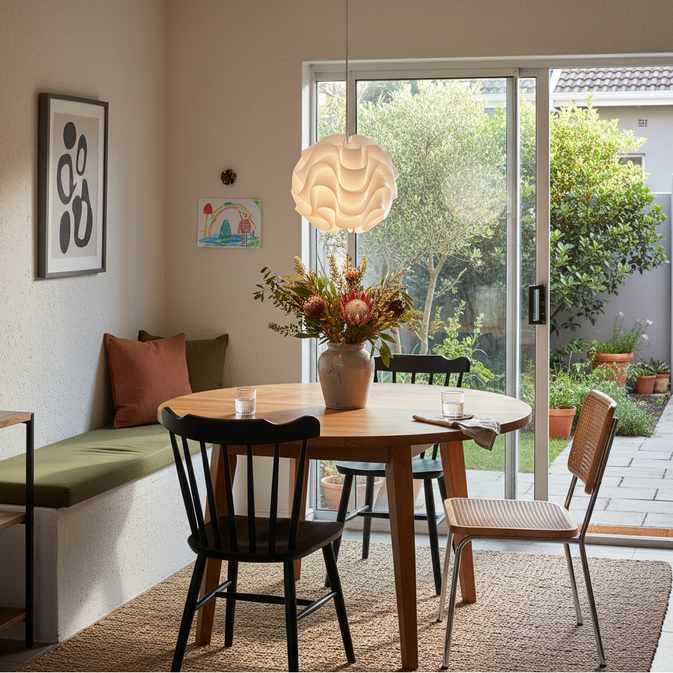A white wavy pendant light hangs above a wooden dining table adorned with a vase of flowers.