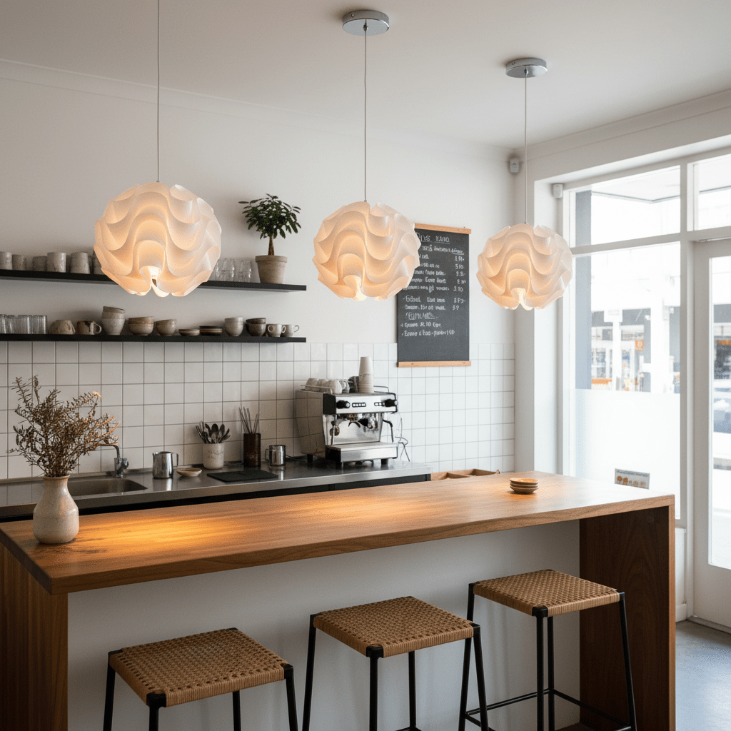 Three white wavy pendant lights hanging above a wooden bar counter in a modern kitchen.