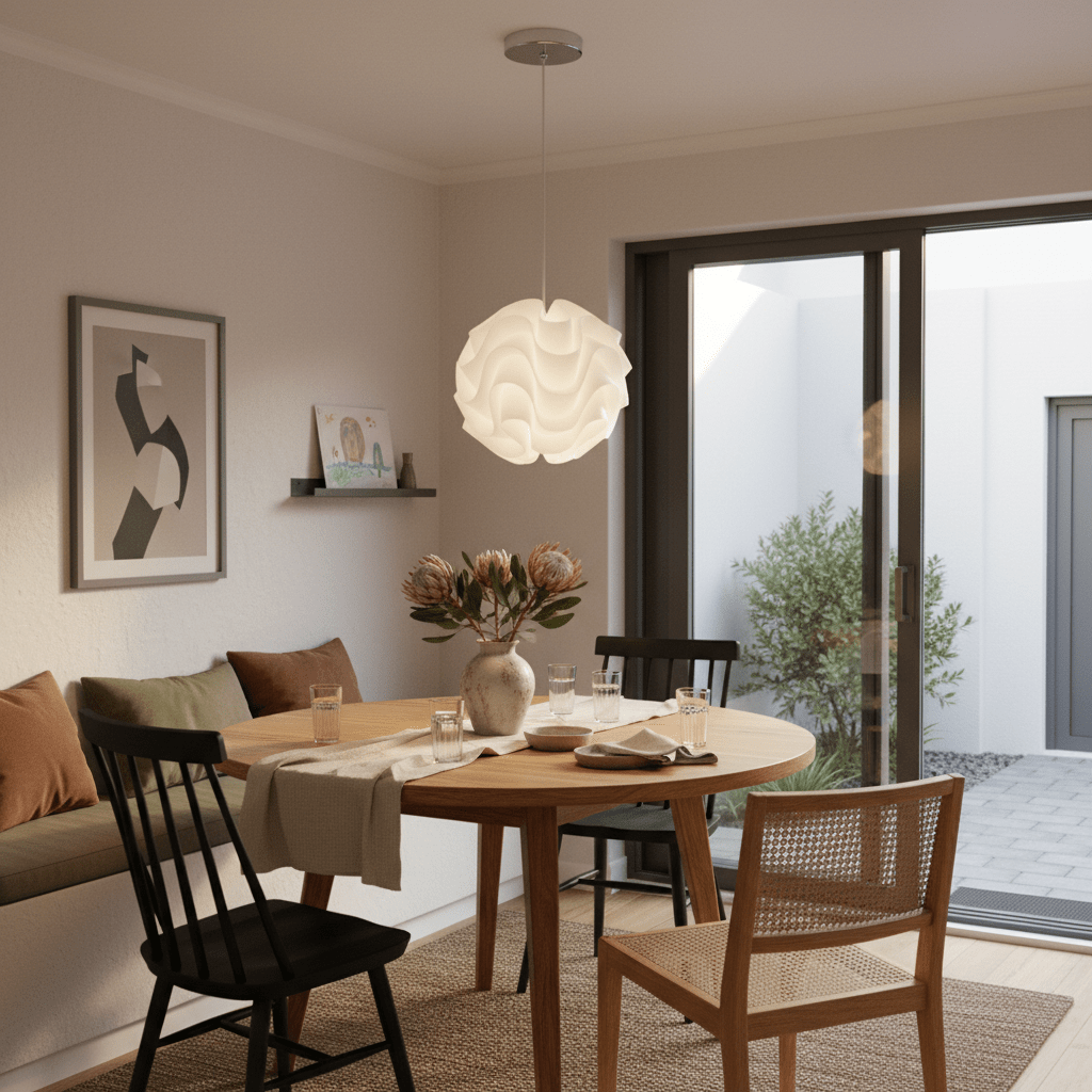 Stylish white wavy pendant light hanging above a wooden dining table with floral centerpiece.