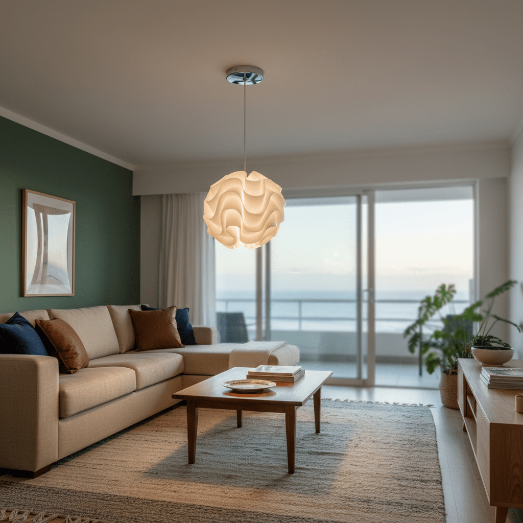 Stylish white wavy pendant light hanging above a cozy living room with a sofa and coffee table.