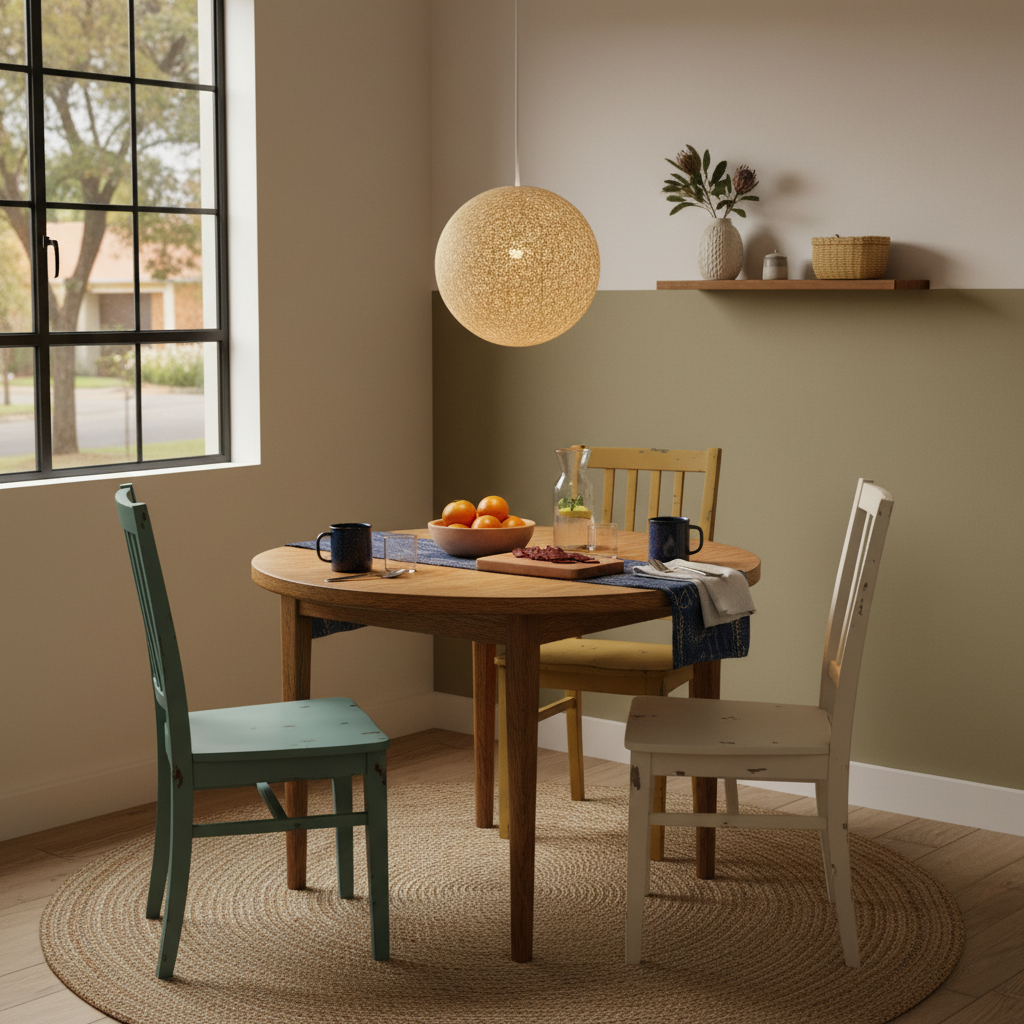 Natural twine cover pendant light hanging above a round wooden dining table with colorful chairs.