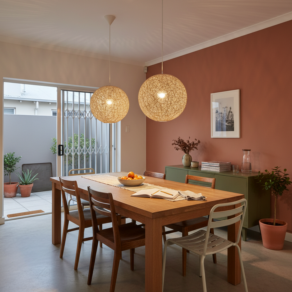 Two Natural Twine Cover Pendant lights hang above a wooden dining table, creating a warm ambiance.