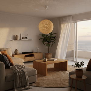 Natural twine cover pendant light hanging in a cozy living room with a view, illuminating a wooden coffee table.