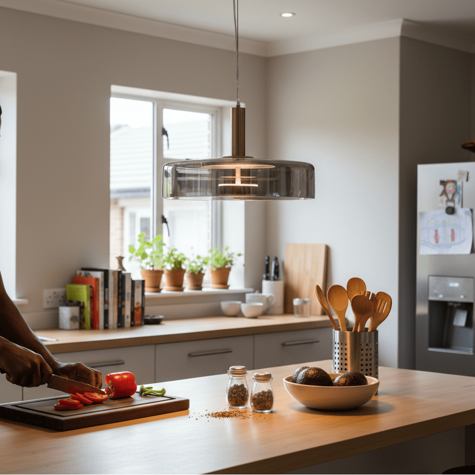 A bronze and smoke glass pendant light hangs above a kitchen counter with fresh vegetables and utensils.