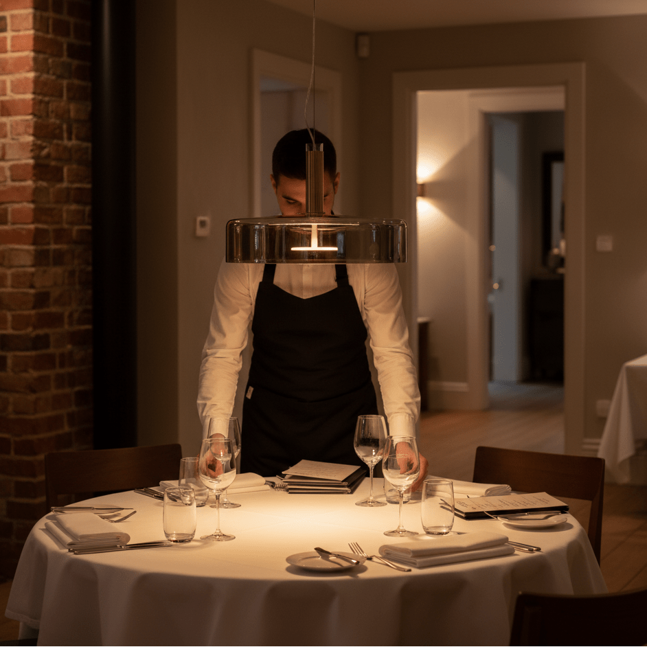 A waiter setting a dining table under a bronze and smoke glass pendant light in a restaurant.
