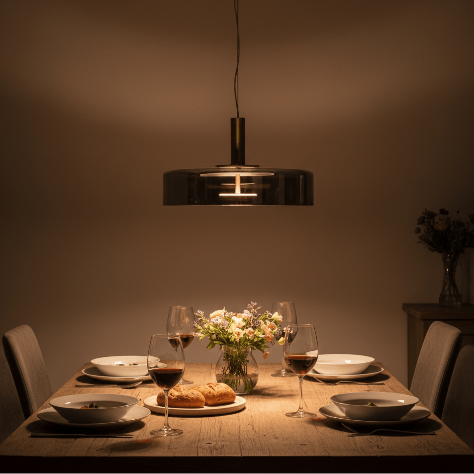 A bronze and smoke glass pendant light illuminates a dining table set with plates, wine glasses, and flowers.