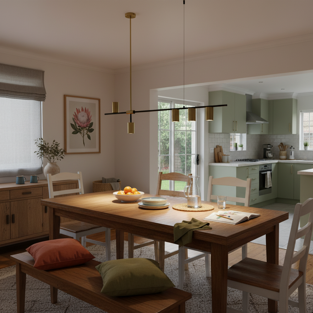 Black and gold pendant light above a wooden dining table with colorful cushions and kitchen in the background.