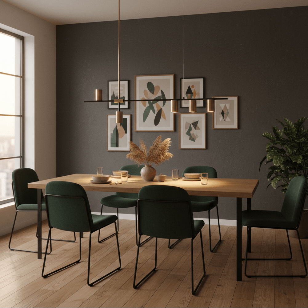 Black and gold pendant light above a wooden dining table with green chairs and decorative wall art.