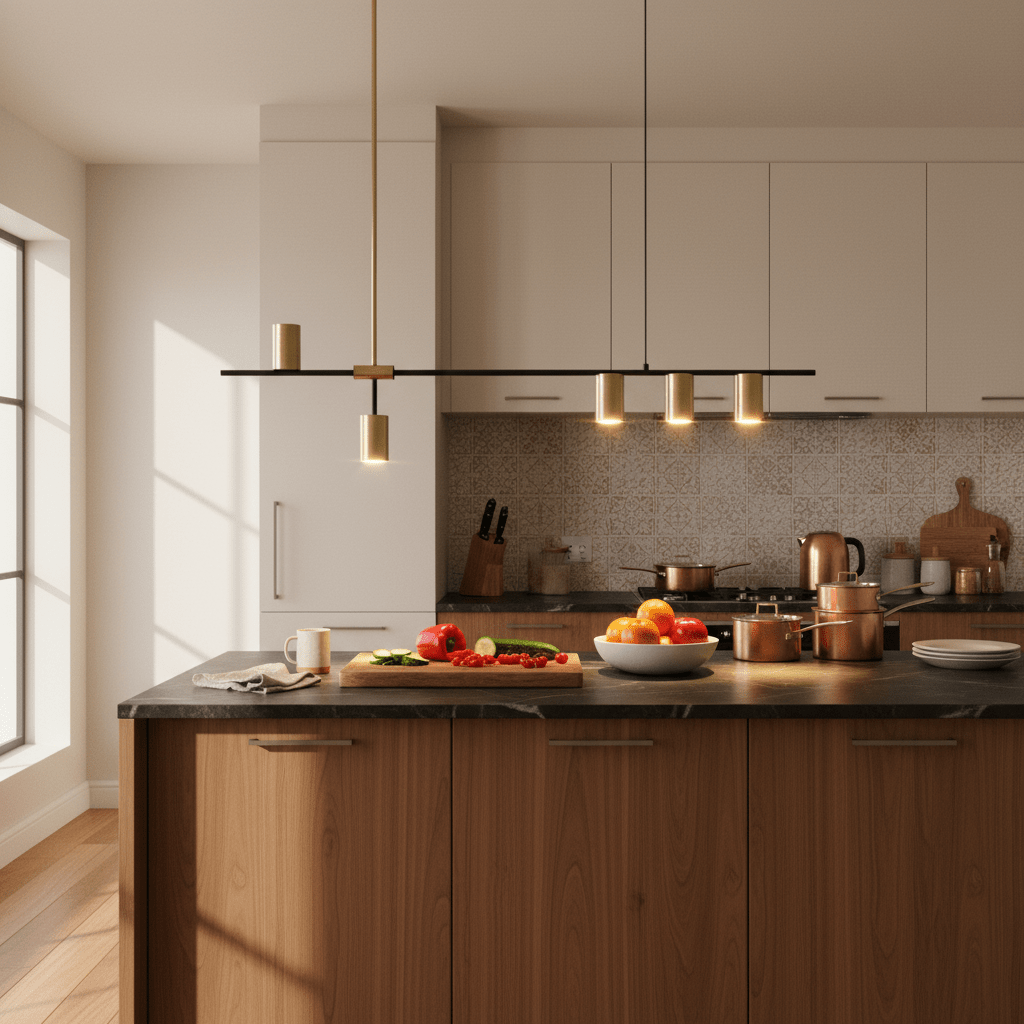 Black and gold pendant light above a kitchen island with fresh produce and cookware.