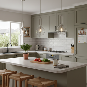 Satin chrome pendant lights with clear glass shades hanging over a kitchen island with fresh ingredients.