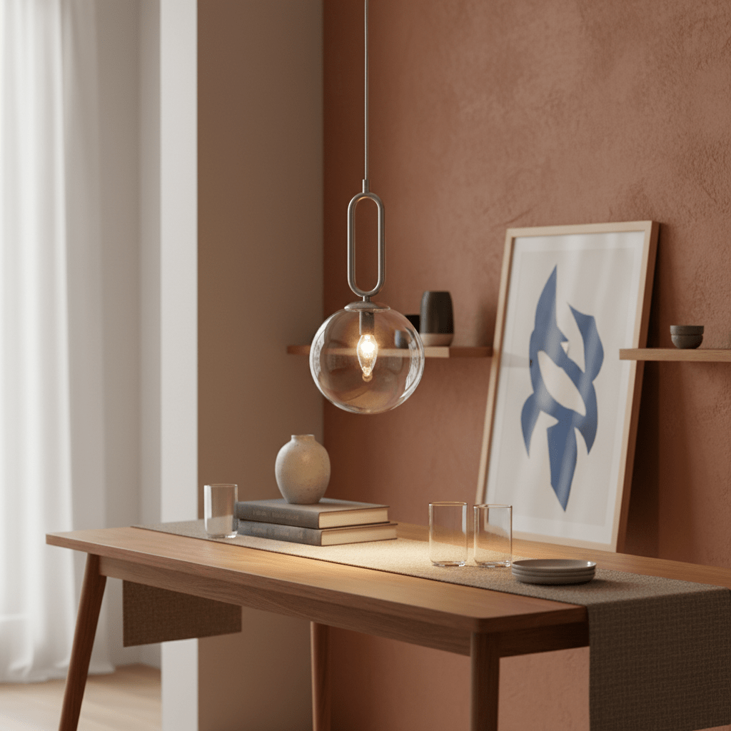 Satin chrome pendant light with clear glass shade hanging over a wooden table with decor items.