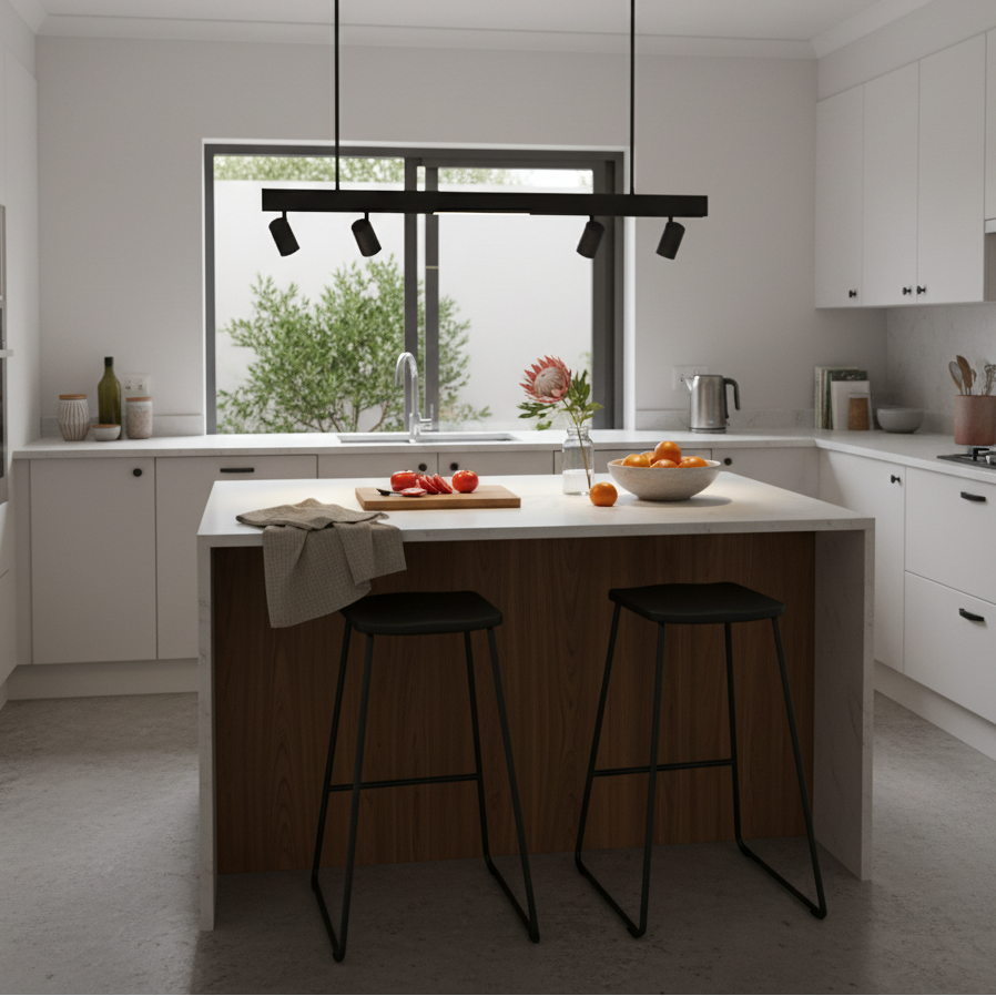 Black LED pendant light above a modern kitchen island with stools and fruit bowl.