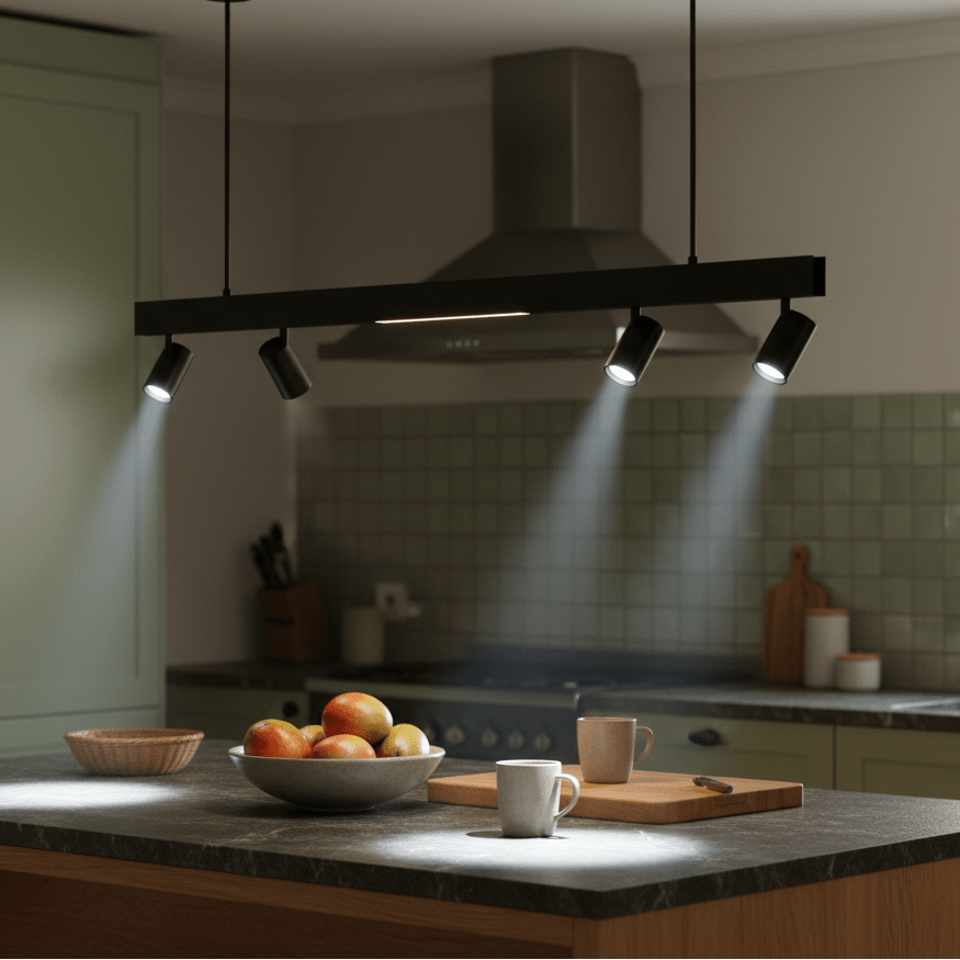 Black LED pendant light illuminating a kitchen island with fruit bowl and mugs.