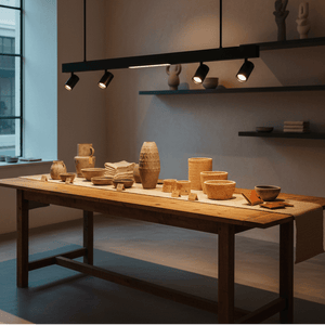 Black LED pendant light illuminating a wooden table with pottery and woven baskets.