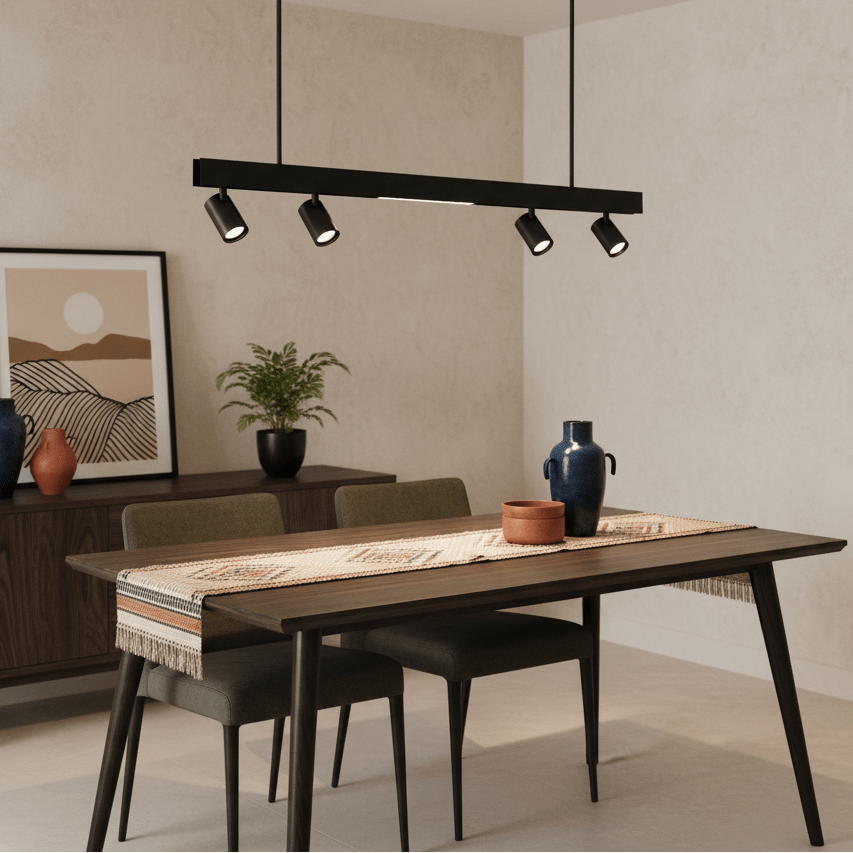 Black LED pendant light above a modern dining table with decorative vases and a framed artwork.