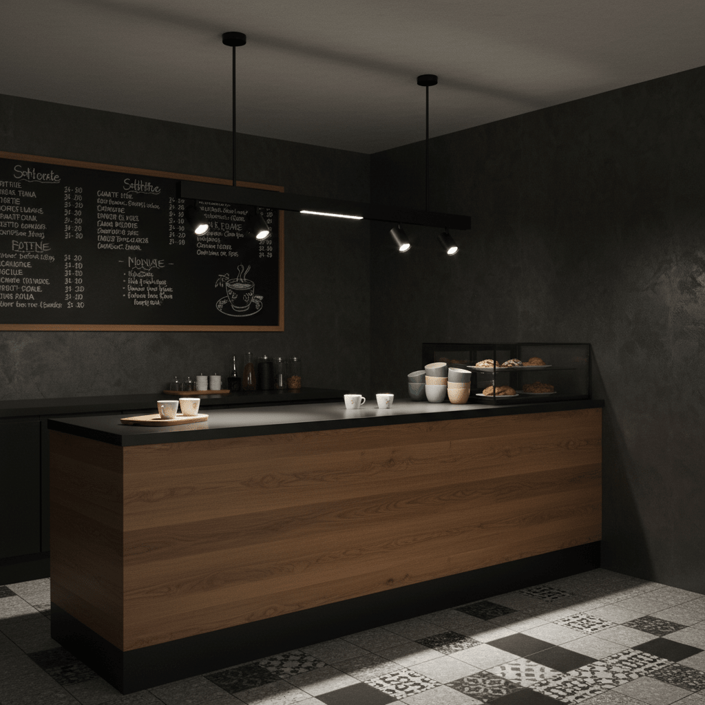 Black magnetic track lights illuminate a modern cafe counter with cups and pastries.
