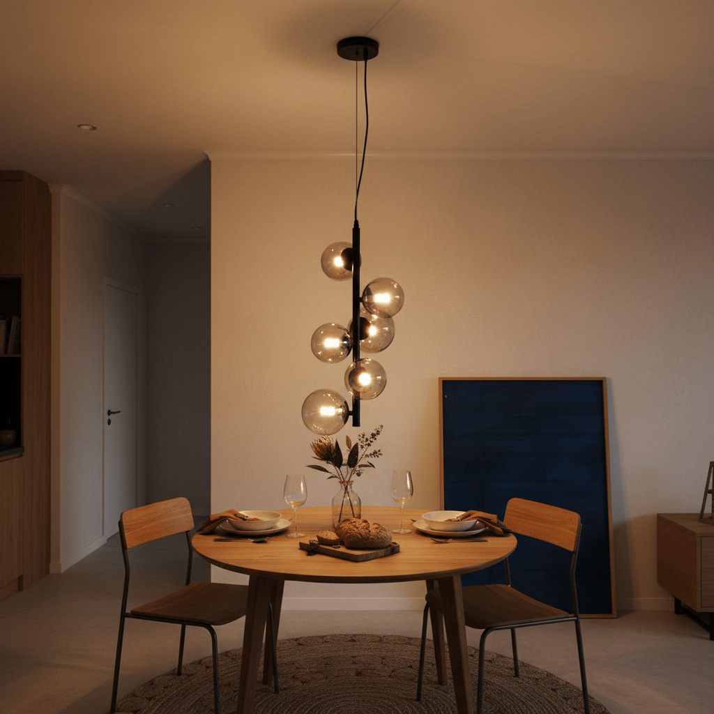 Nebula Metal Pendant with smoke glass shades hanging above a wooden dining table set for two.