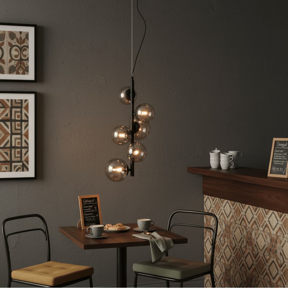 Nebula Metal Pendant with smoke glass shades illuminating a cozy dining setup with coffee and pastries.
