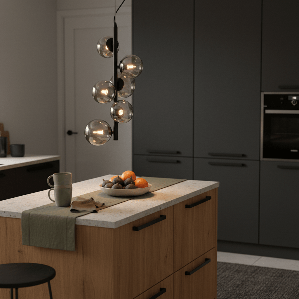 Nebula Metal Pendant with smoke glass shades hanging over a kitchen island with fruit and a mug.