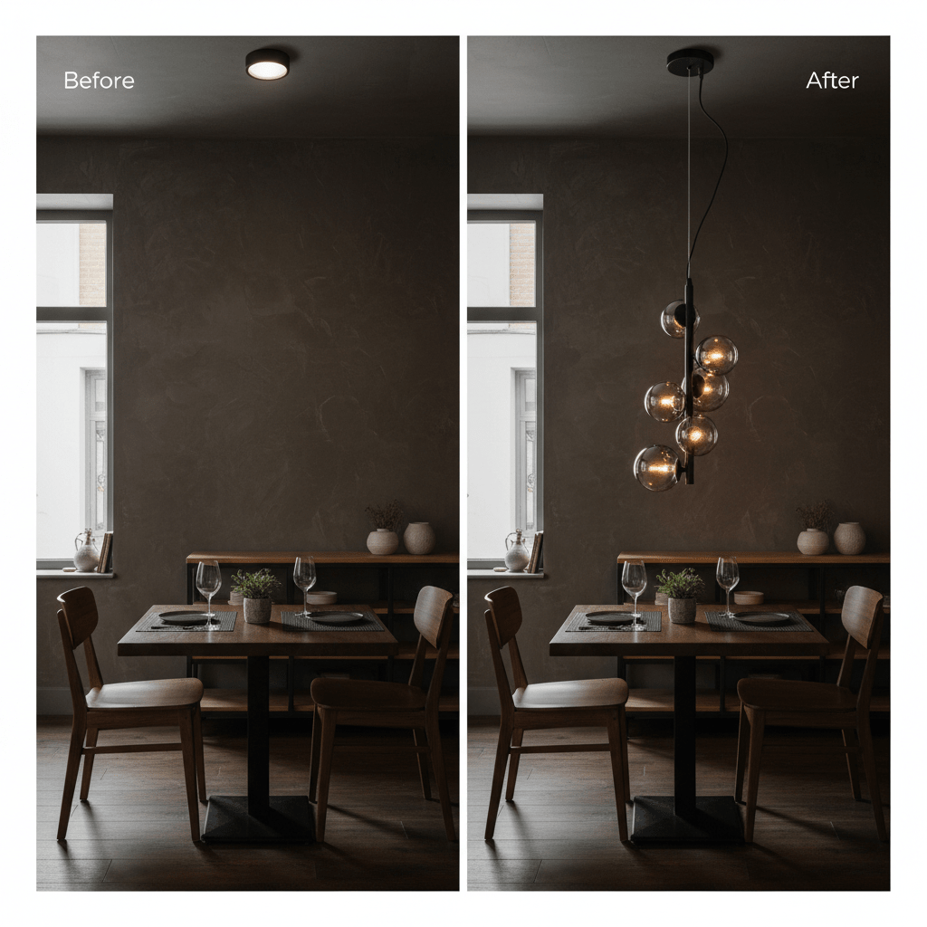 Before and after comparison of a dining area with the Nebula Metal Pendant, showcasing enhanced lighting.