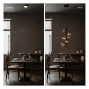Before and after comparison of a dining area with the Nebula Metal Pendant, showcasing enhanced lighting.