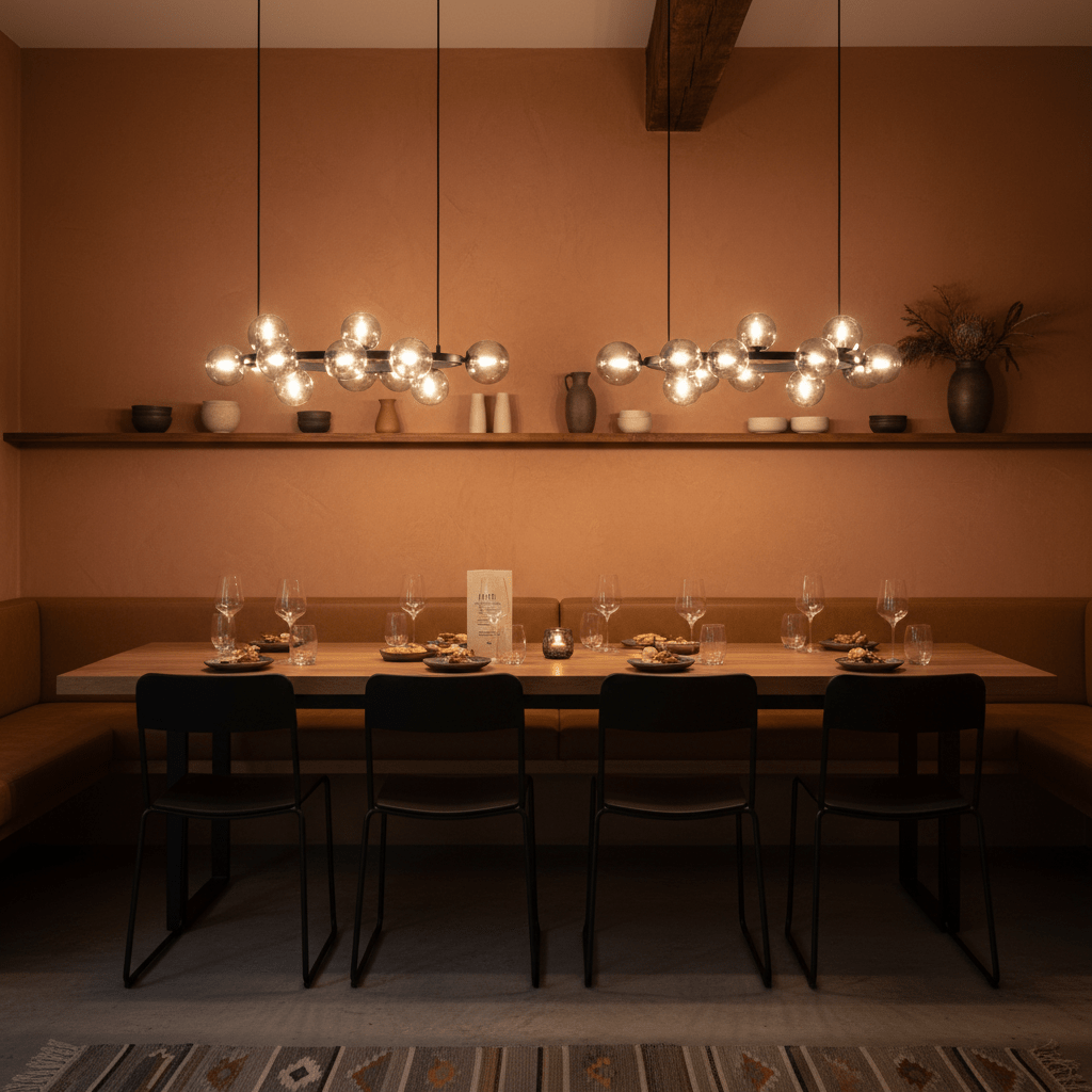 Stylish dining area featuring the Nebula Metal Pendant with smoke glass above a wooden table set for dinner.