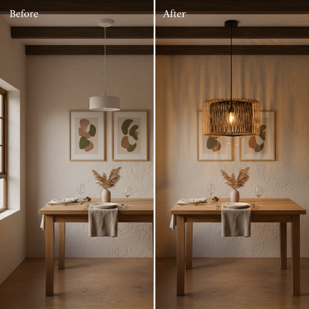 Before and after comparison of a dining table with a pendant light upgrade, showcasing a bamboo and metal design.