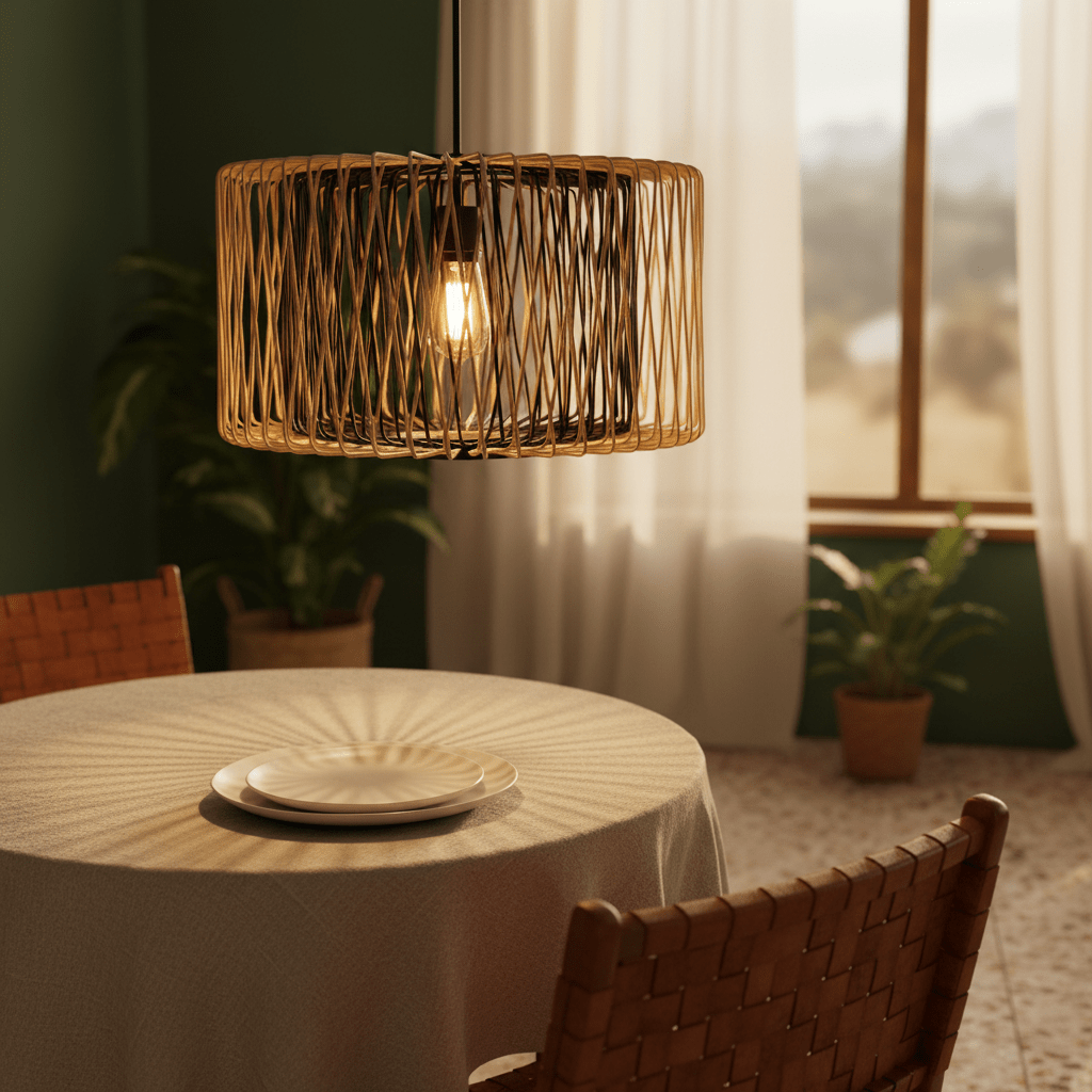 Bamboo and metal pendant light casting warm patterns on a dining table with plates.