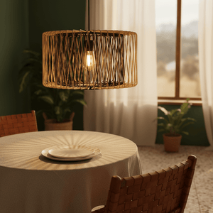 Bamboo and metal pendant light casting warm patterns on a dining table with plates.