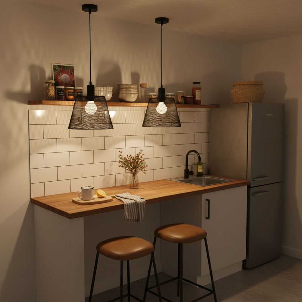 Two black steel-mesh pendant lights hang above a wooden kitchen counter with a sink and decorative items.