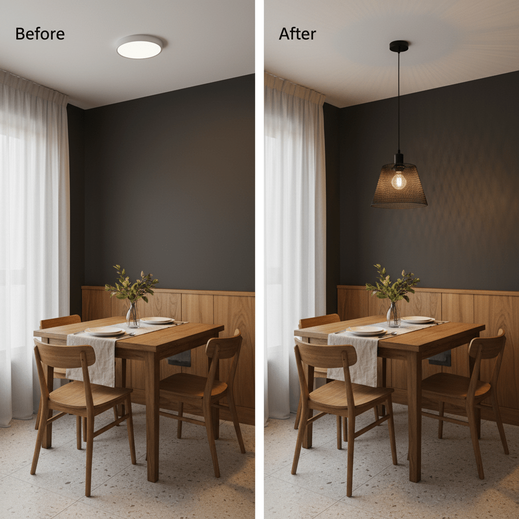 Before and after comparison of a dining area with a pendant light, showcasing modern lighting transformation.