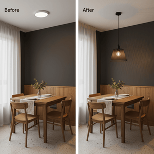 Before and after comparison of a dining area with a pendant light, showcasing modern lighting transformation.