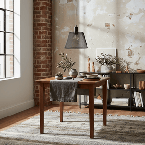 Black steel-mesh pendant light hanging above a wooden dining table with decorative items.
