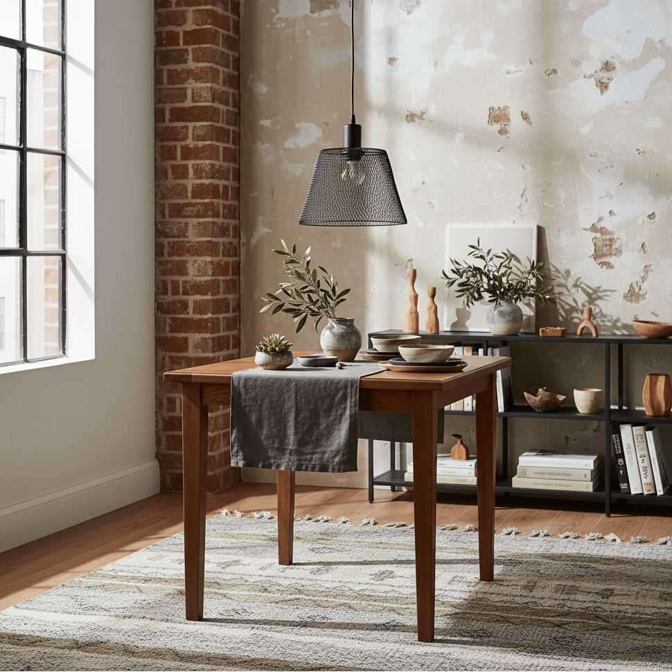 Black steel-mesh pendant light hanging above a wooden dining table with decorative items.