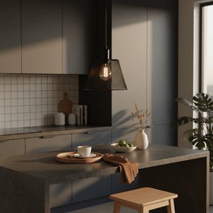 Black steel-mesh pendant light hangs over a kitchen island with a coffee cup and fruit bowl.
