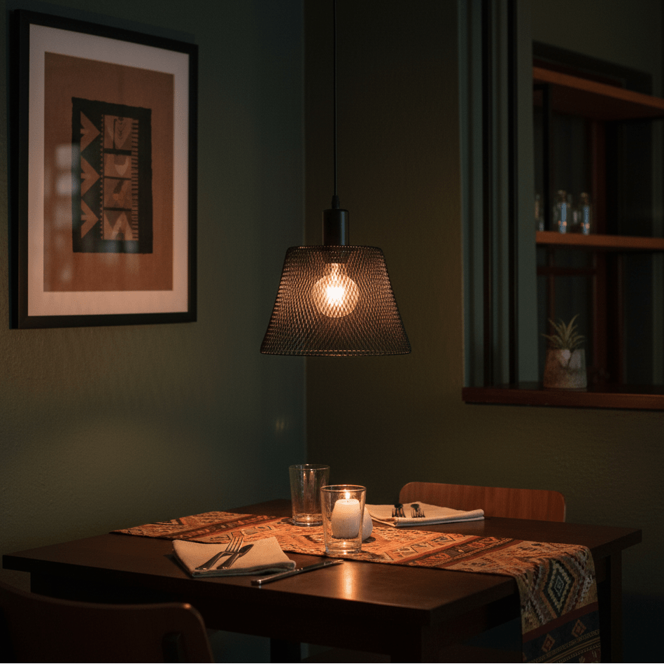 Black steel-mesh pendant light hanging above a dining table set with a candle and glassware.