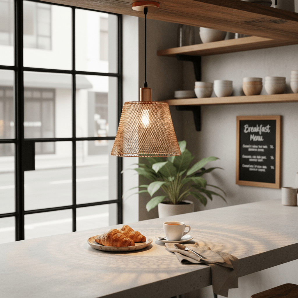 Rose gold mesh pendant light hanging over a breakfast table with croissants and coffee.