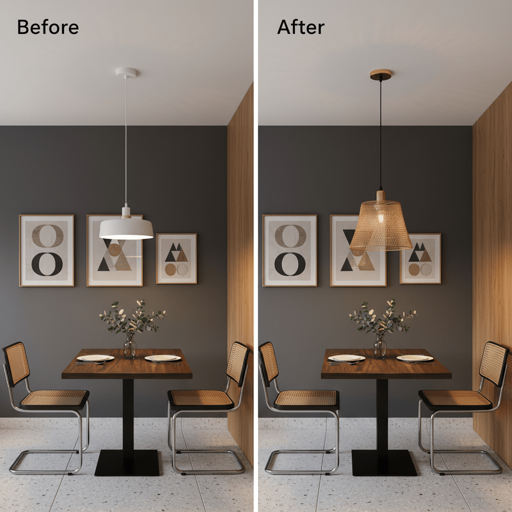 Before and after comparison of a dining space featuring a steel mesh rose gold pendant light.