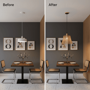 Before and after comparison of a dining space featuring a steel mesh rose gold pendant light.