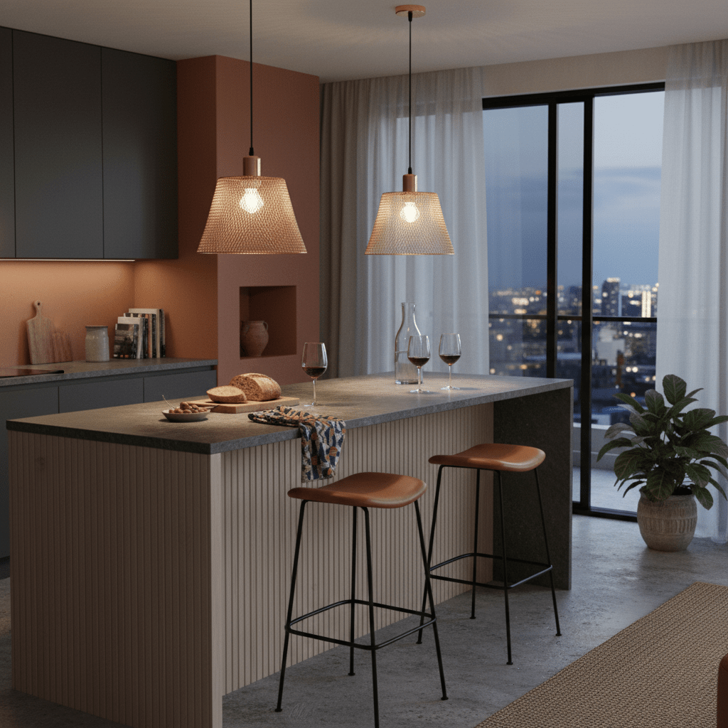 Two rose gold mesh pendant lights hang over a modern kitchen island with bar stools, creating a warm ambiance.